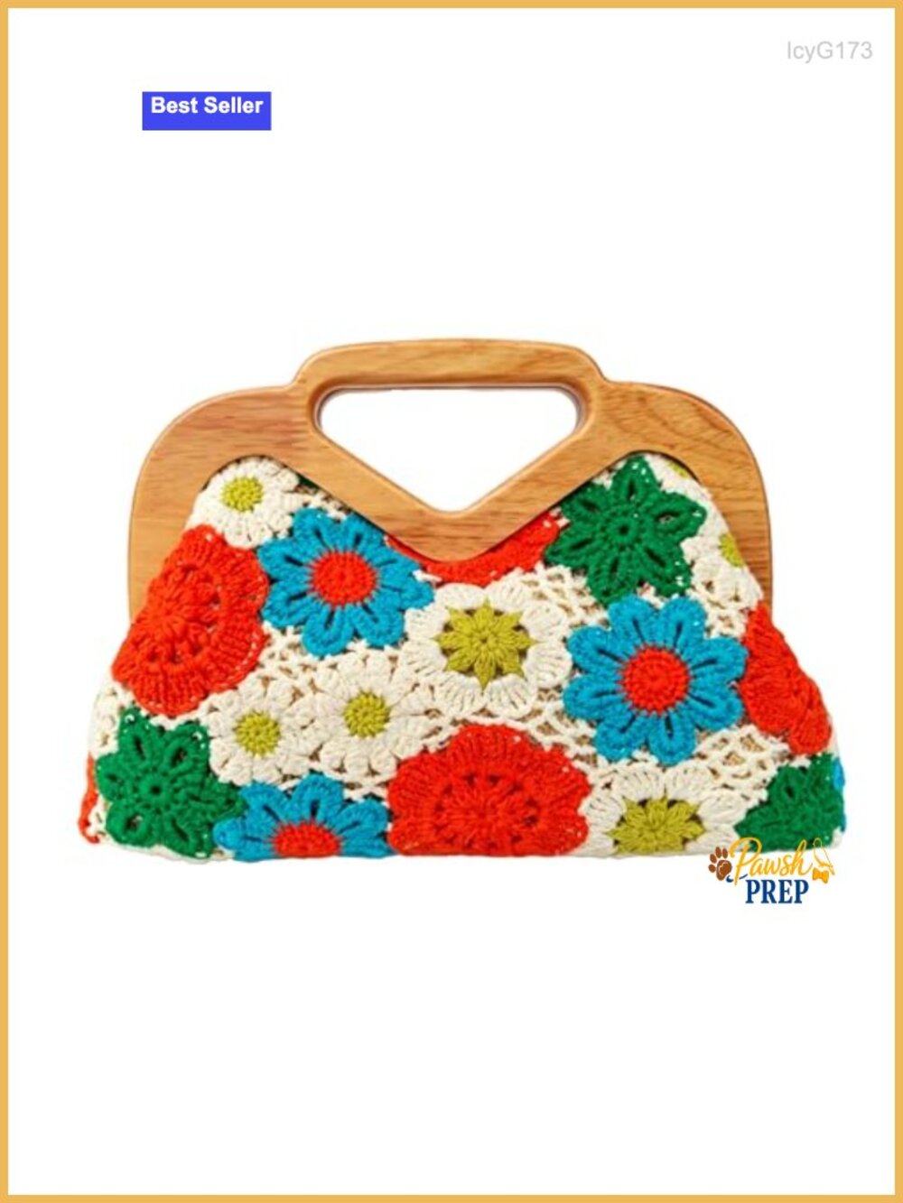 Handmade Crochet Flower Purse with Wooden Handle, Boho Clutch, Women's Handbag